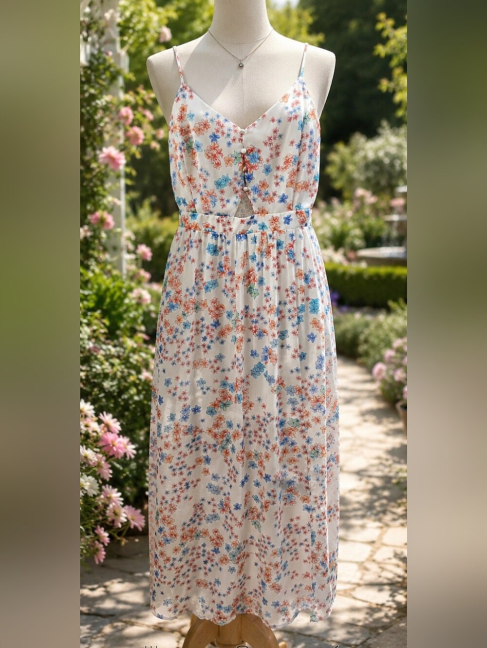 Candie's White Maxi Dress with Blue & Orange Floral Print